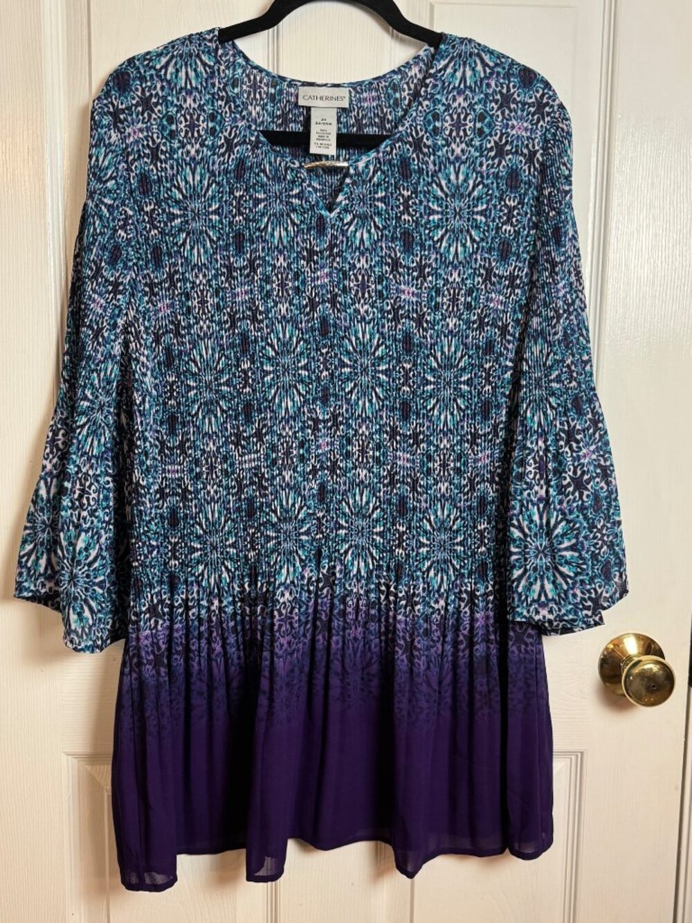 Catherines 2X 22/24W Patterned Polyester Blouse 3/4 Sleeve Pleated